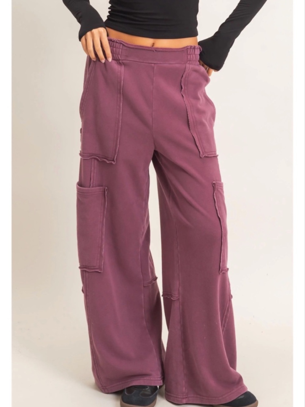 NEW Double Zero Dark Cherry Mineral Wash Cargo Sweatpants – Medium - Picture 2 of 6